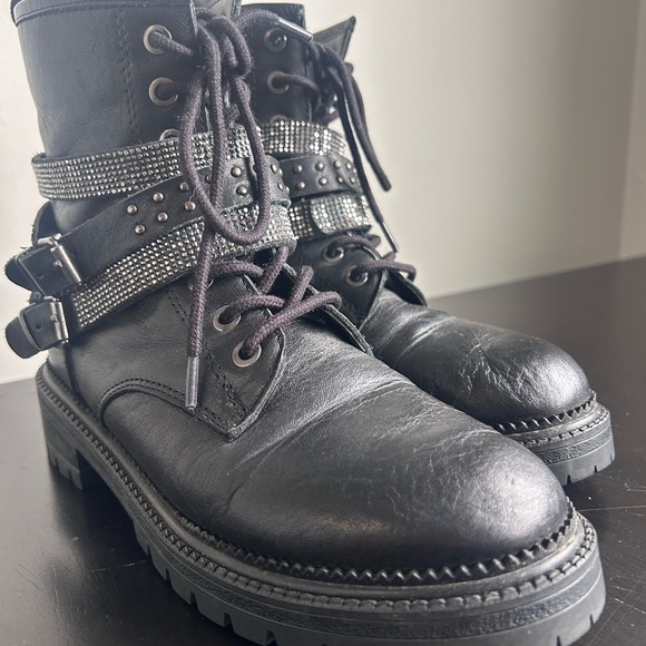 Steve Madden Shoes - Steve Madden Captain Combat Boots Leather with Studded Rhinestone Straps Sz 36/6